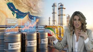 Fotomontaje de Yolanda Díaz, vicepresidenta segunda y ministra de Trabajo y Economía Social, con un fondo que representa el conflicto en Oriente Medio.