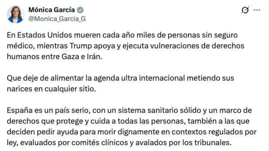 Imagen del tweet publicado por Mónica García en X.