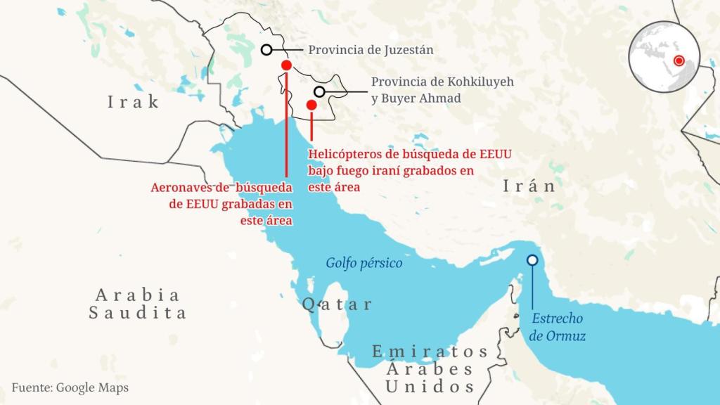 Zona en la que se busca al piloto estadounidense desaparecido en Irán.