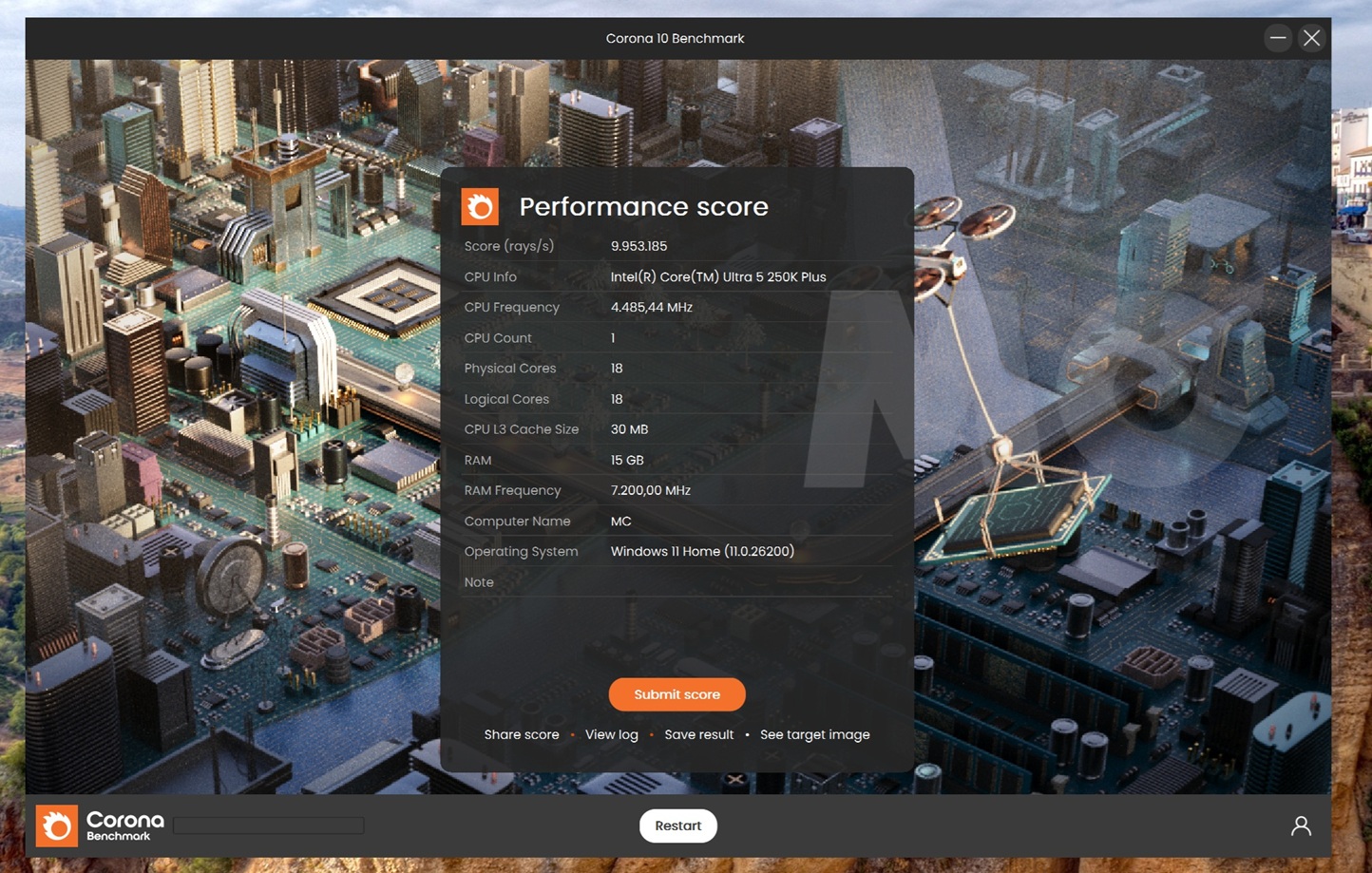 corona intel core ultra 5 250k plus 16 gb ram