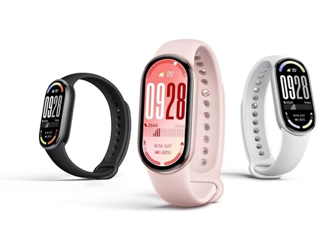 Vista frontal del producto Xiaomi Smart Band 10, que muestra esfera digital y correas intercambiables