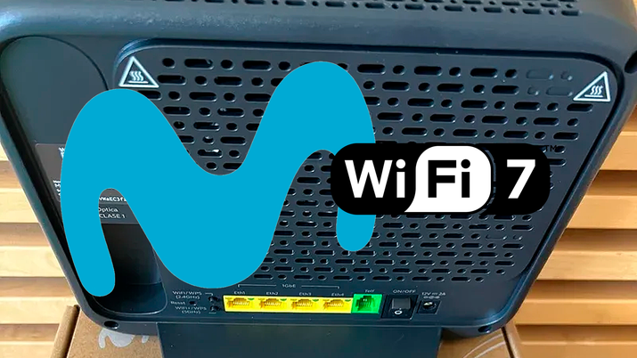 Ilustración conceptual del nuevo router Movistar Smart WiFi 7 en posición vertical, destacando su puerto LAN azul de 10 Gbps y su soporte extraíble.