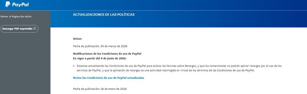 Cambios en las condiciones de PayPal