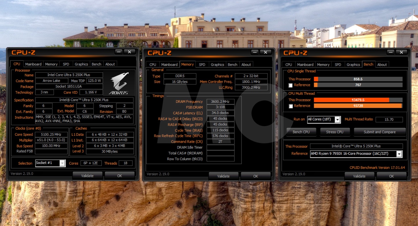 intel core ultra 5 250k plus cpuz 16 gb ram