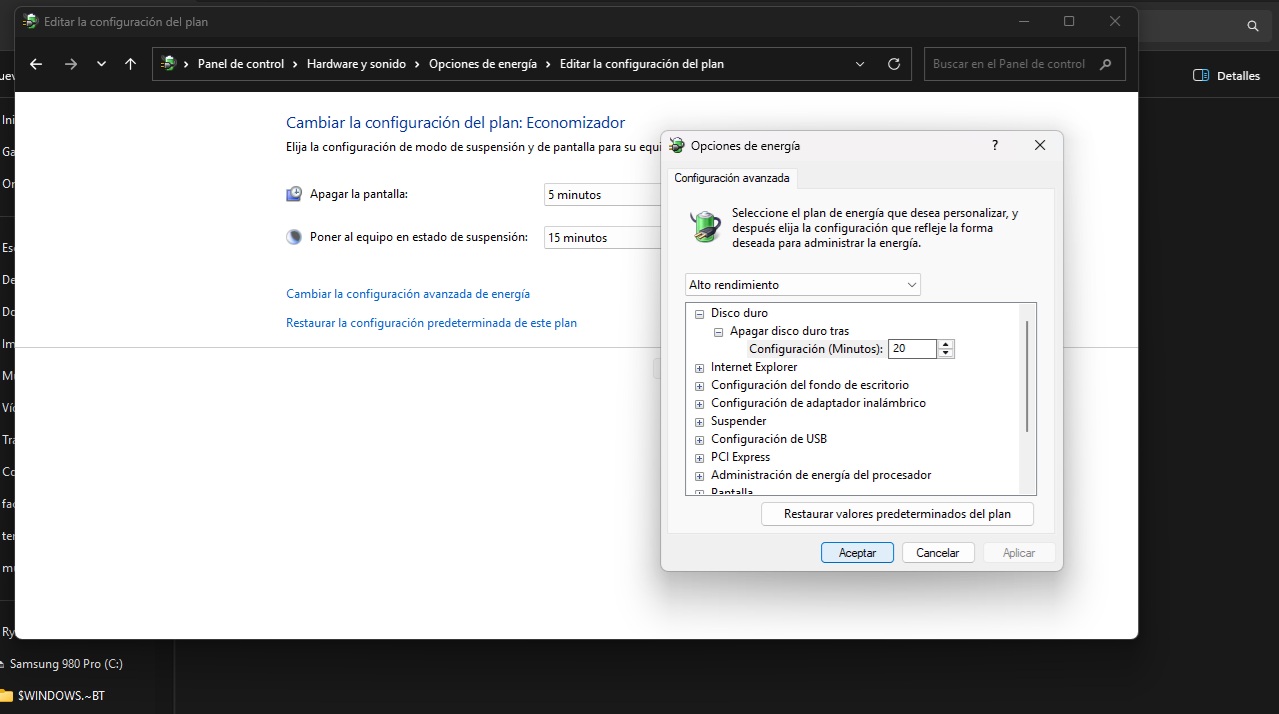 Rendimiento del plan de energía
