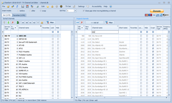 La interfaz de la aplicación ChanSort muestra la lista de canales de TV originales y ordenados en una tabla comparativa.