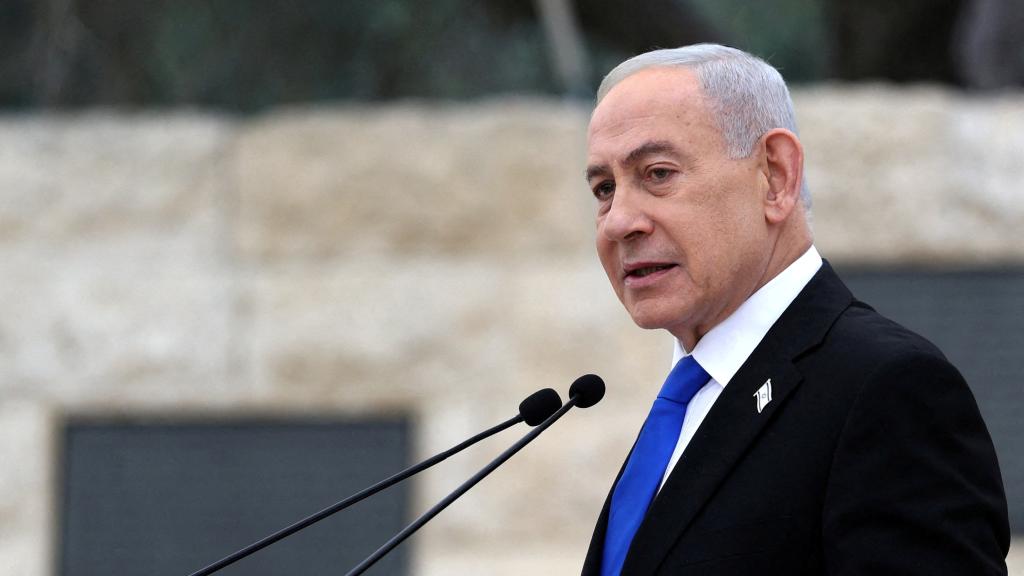 El primer ministro israelí, Benjamin Netanyahu, en el acto de conmemoración de los soldados israelíes caídos.