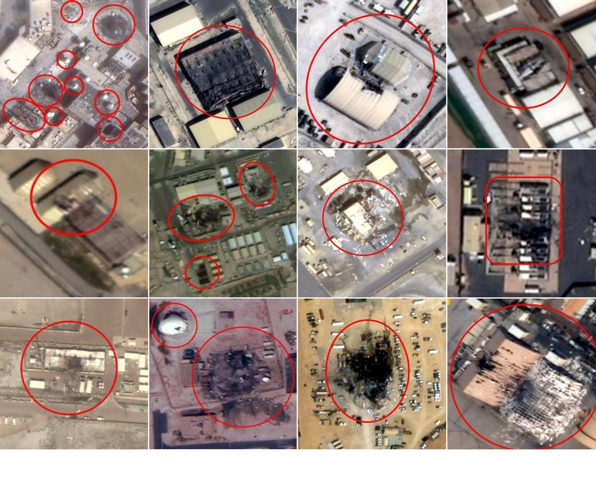 De izquierda a derecha y de arriba a abajo: Actividad de Apoyo Naval de Bahréin, Base Aérea de Isa, Base Aérea de Riffa, Aeropuerto Internacional de Erbil, Base Aérea de Harir, Base Aérea de Ali al-Salem, Campamento Arifjan, Campamento Buehring, Puerto de Shuaiba, Base Aérea de Al-Udeid, Base Aérea Príncipe Sultán, Base Aérea de Al-Dhafra. (Medios afiliados al estado de Irán)