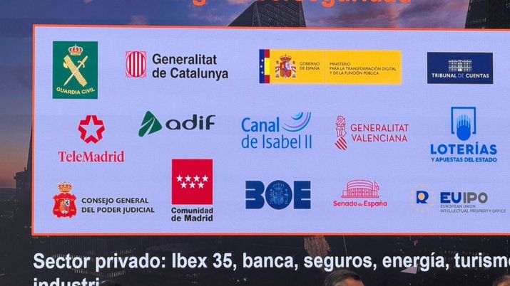 Mosaico con logotipos de instituciones públicas españolas como Guardia Nacional, Generalitat de Cataluña, Ministerios, Adif, Canal Isabel II y Senado de España.