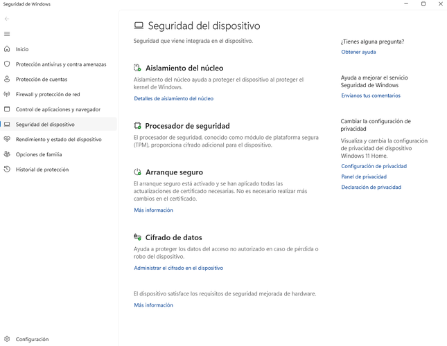El panel Configuración de seguridad del dispositivo en Windows muestra las opciones Aislamiento del kernel, Seguridad del procesador y Arranque seguro.