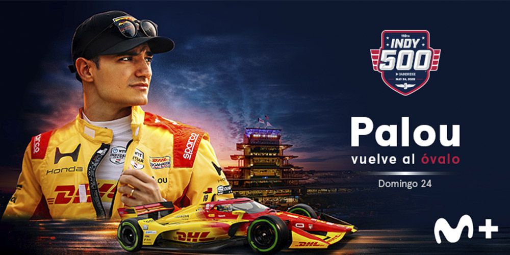Álex Palou Cartel promocional de la Indy 500 con su coche y logo de Movistar Plus