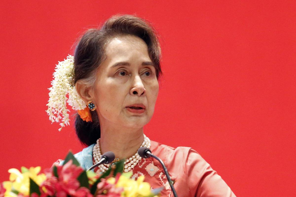 Aung San Suu Kyi en una conferencia internacional en 2019