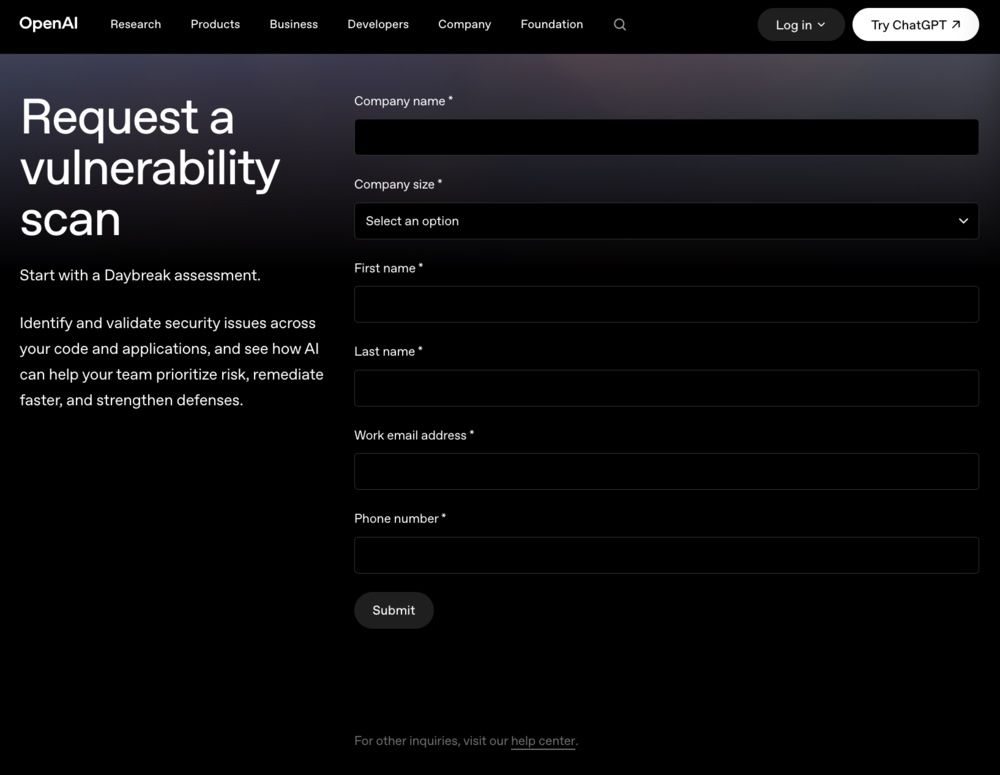 Formulario oficial de OpenAI para solicitar escaneo de vulnerabilidades utilizando el programa Daybreak.