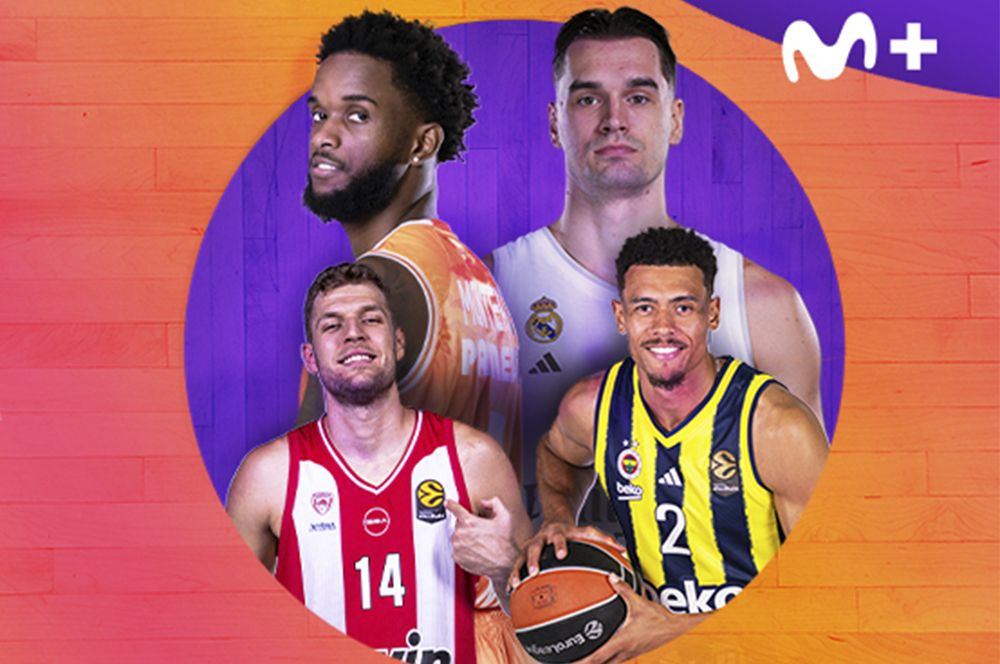 Composición de jugadores de baloncesto de la Euroliga con el logo de Movistar Plus sobre fondo naranja.
