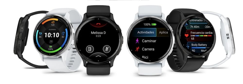 La serie de relojes inteligentes Garmin Venu 3 presenta diferentes interfaces de salud y deportes en colores blanco y negro.