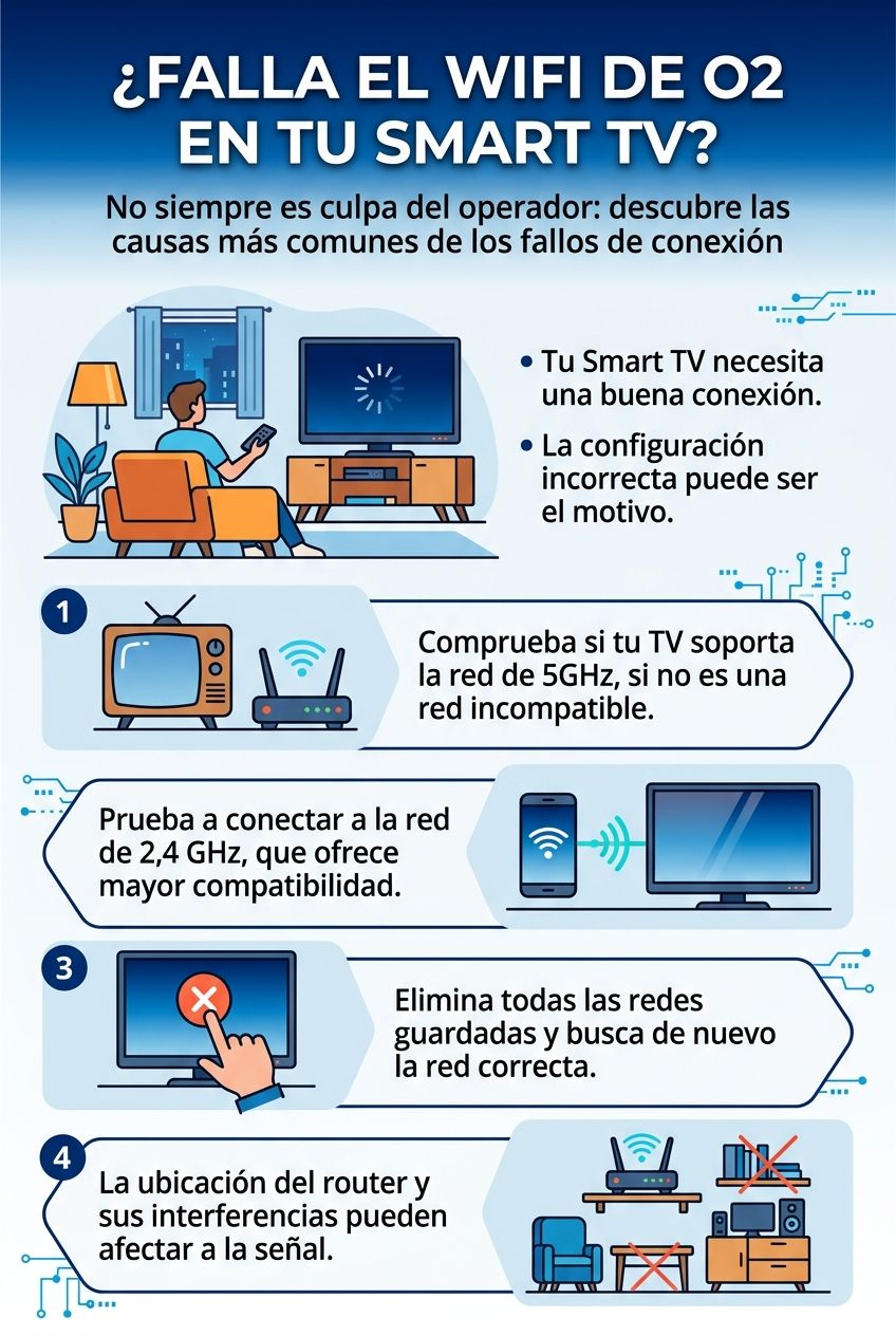 Una infografía que contiene consejos de los operadores de O2 para solucionar problemas de conexión WiFi en televisores inteligentes, detallando pasos como verificar la banda de 5 GHz, usar la banda de 2,4 GHz, restablecer redes guardadas y verificar la ubicación de su enrutador.