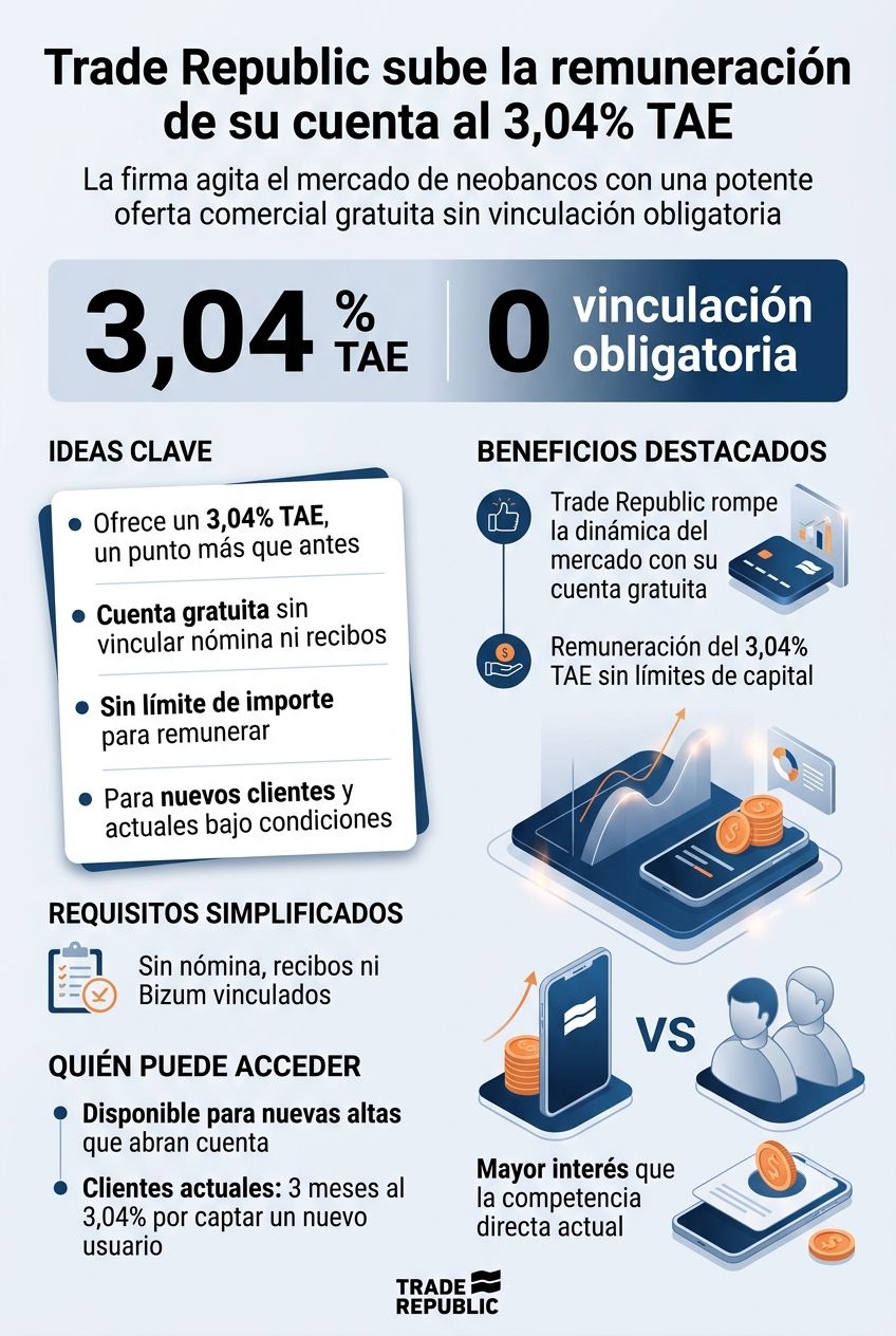 Una infografía de la cuenta premium de Trade Republic con una APR del 3,04%, que destaca la falta de conexiones bancarias y los beneficios para clientes nuevos y existentes.