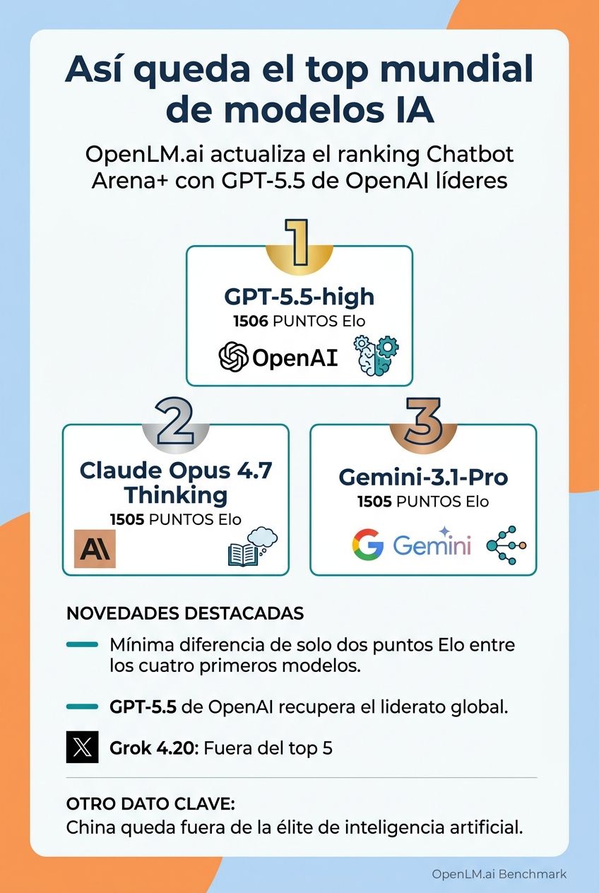 Infografía de clasificación mundial del modelo de IA de Chatbot Arena: GPT-5.5-high ocupa el primer lugar con 1308 puntos Elo, seguido de Claude Opus 4.7 Thinking y Gemini-3.1-Pro (1305 puntos).