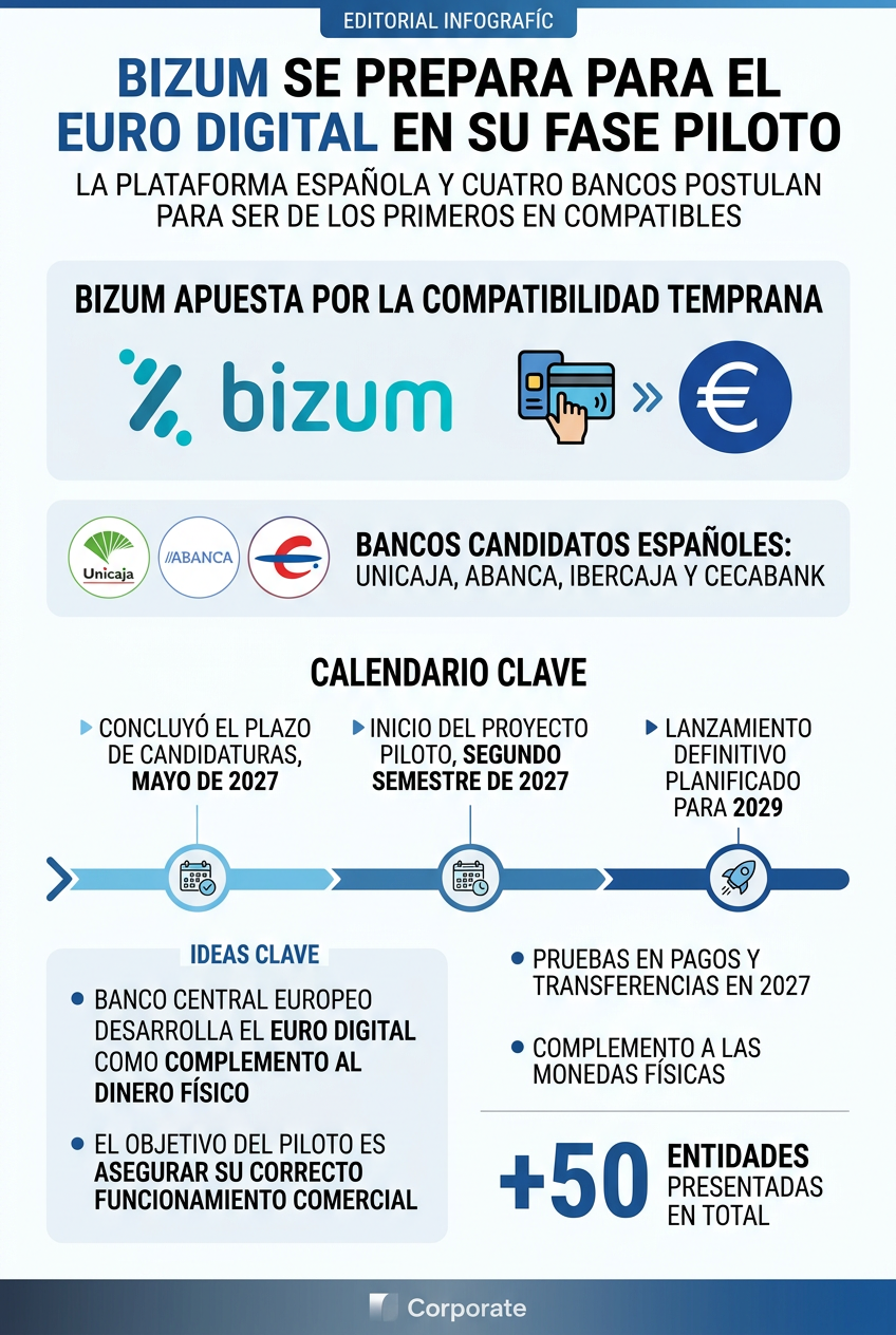 Infografía sobre la fase piloto del euro digital y la participación de Bizum con bancos españoles como Unicaja y Abanca.