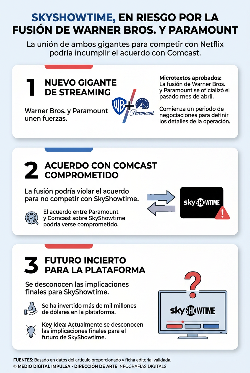 Una infografía sobre la exposición de SkyShowtime a una posible fusión entre Warner Bros. y Paramount, que detalla el impacto en acuerdos anteriores y la incertidumbre en la industria del streaming.