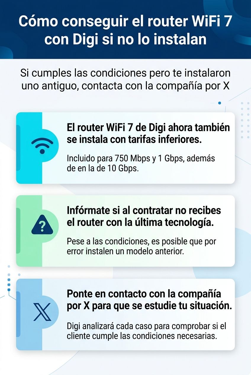 Infografía sobre cómo pedir un router WiFi 7 a través de Digi, detallando las condiciones de velocidad y pasos a seguir a través de la red social.