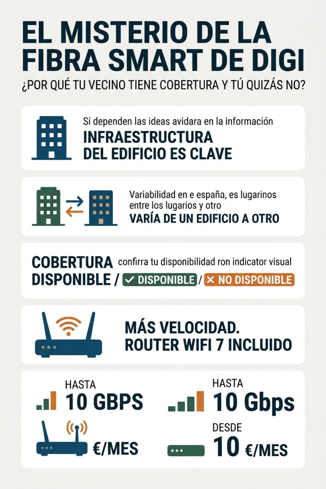 La infografía de Digi Smart Fiber detalla los factores de cobertura en edificios, el uso de enrutadores WiFi 7 y planes de hasta 10 Gbps.