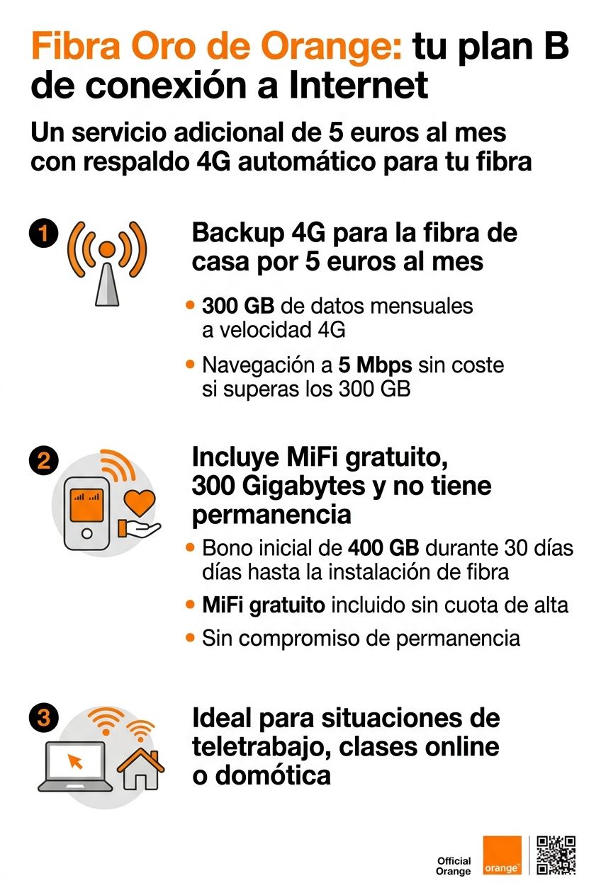 La infografía del servicio Fibra Oro de Orange detalla 300 GB de soporte 4G, equipo MiFi gratuito y sus beneficios de trabajo remoto.