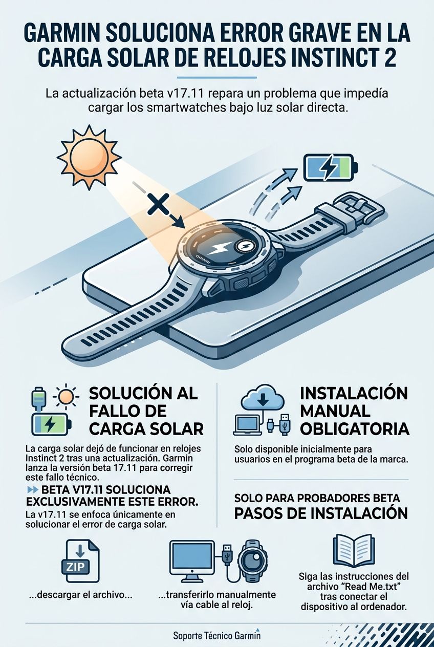 Infografía sobre cómo Garmin soluciona el error de carga solar del reloj Instinct 2 con la actualización beta v17.11.