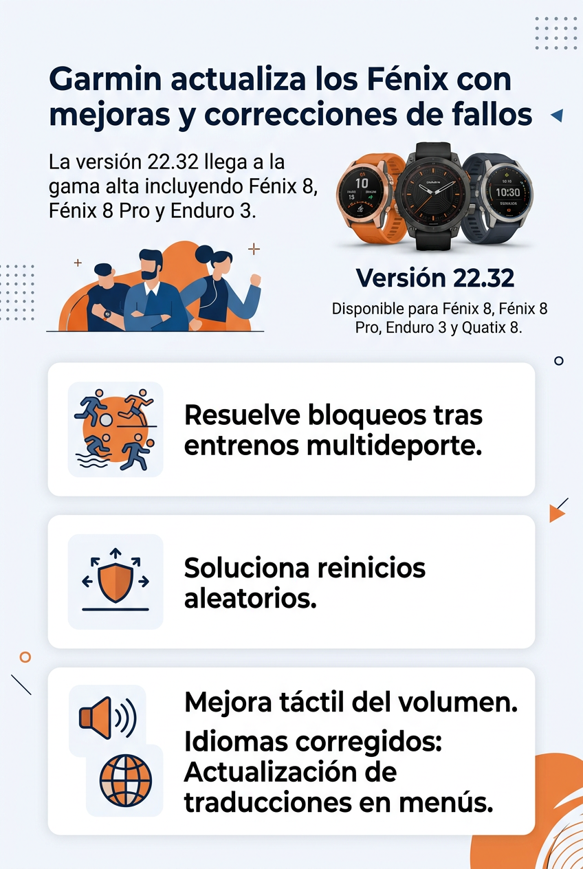 Infografía sobre la Actualización 22.32 de Garmin para los relojes Fénix 8, Enduro 3 y Quatix 8, que detalla fallos, reinicios y mejoras de volumen y traducción.