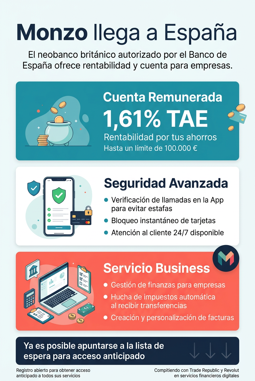 Infografía de Monzo de España, destacando cuentas pagas con 1,61% TAE, funciones de seguridad avanzadas en la aplicación y servicios para empresas.