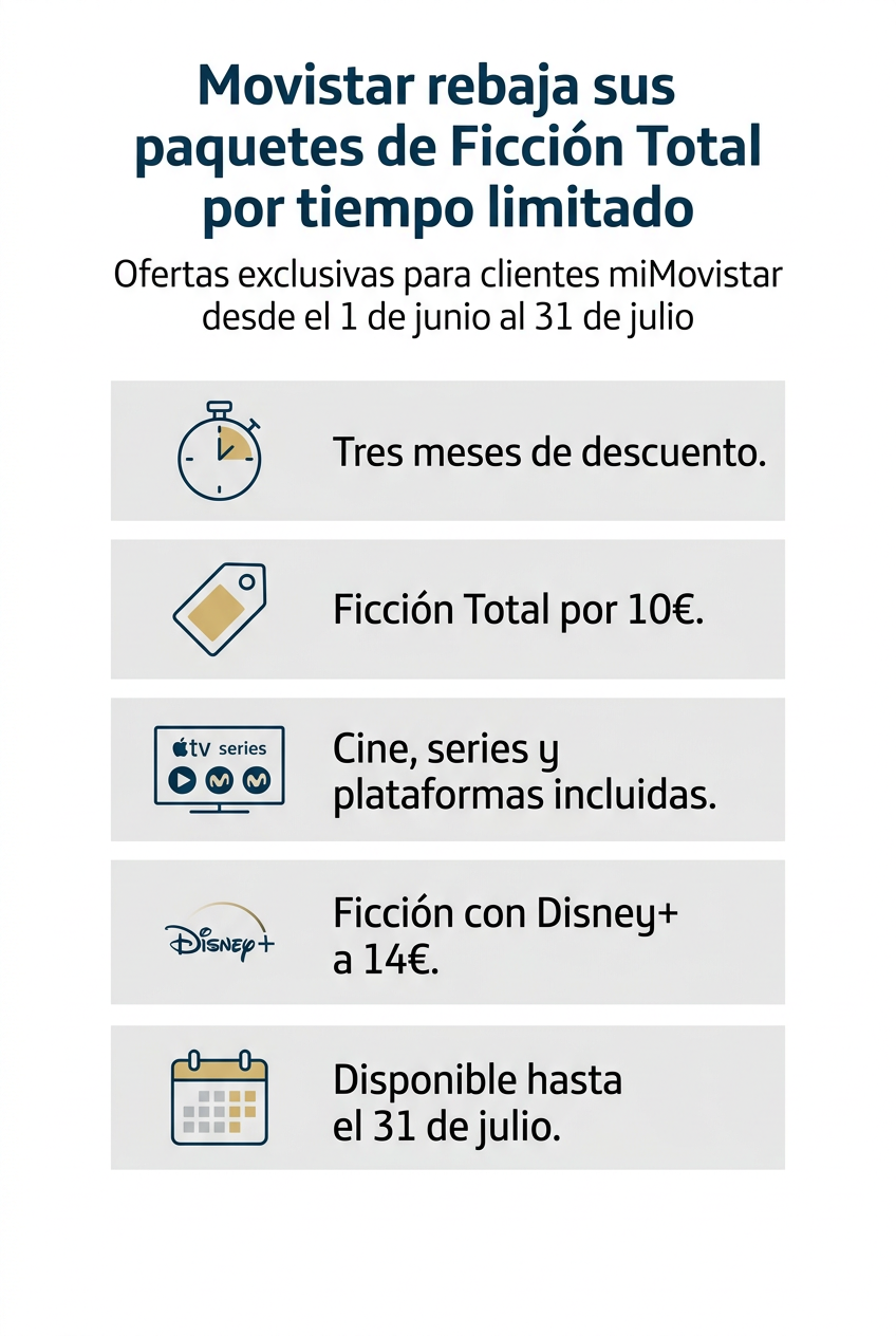 Infografía Movistar ofrece paquetes Ficción Total con descuentos en películas, series y Disney+ hasta el 31 de julio.