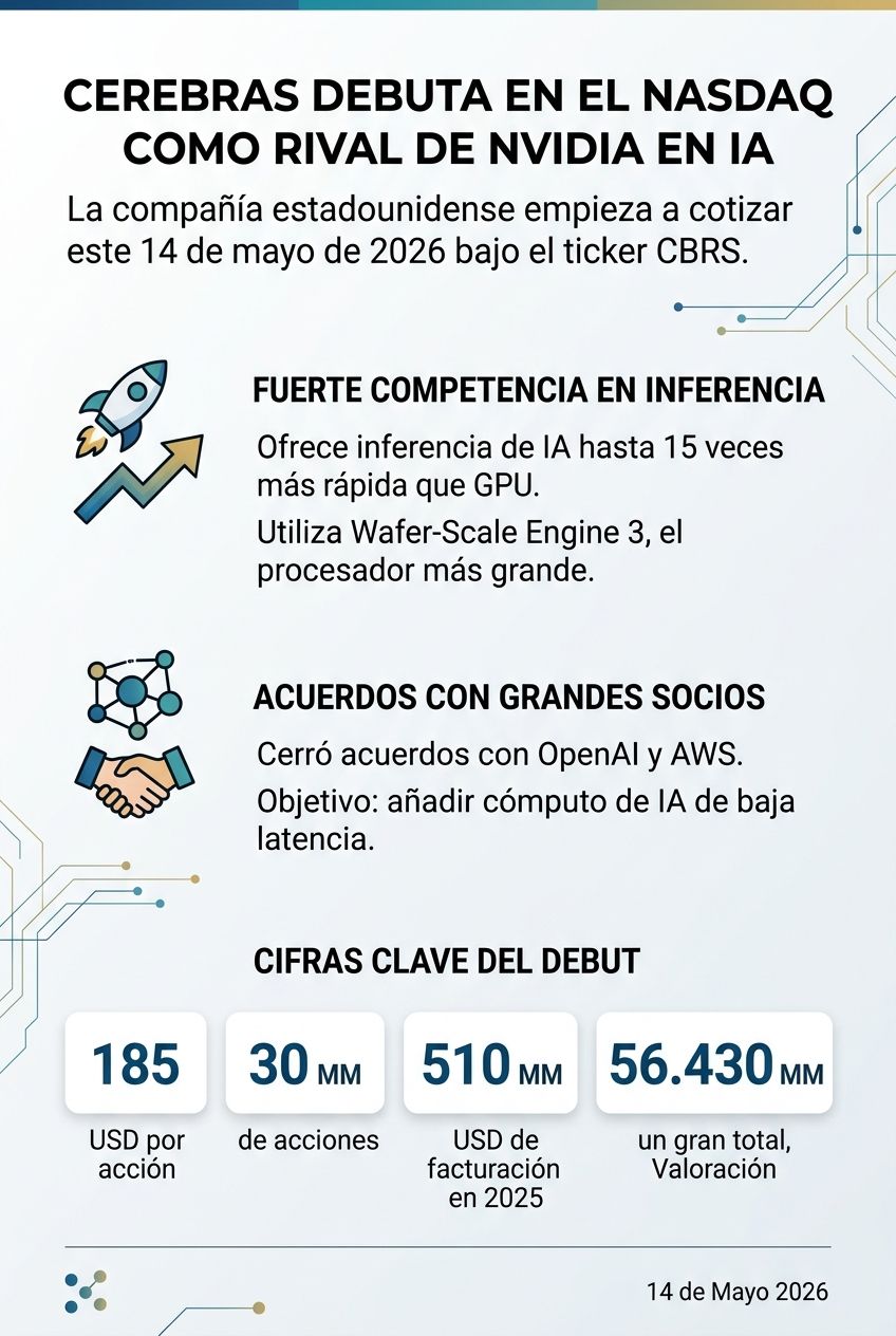 Una infografía sobre el debut de Cerebras en Nasdaq, destacando su tecnología de inferencia de inteligencia artificial que es 15 veces más rápida que las GPU y sus acuerdos con OpenAI y AWS.