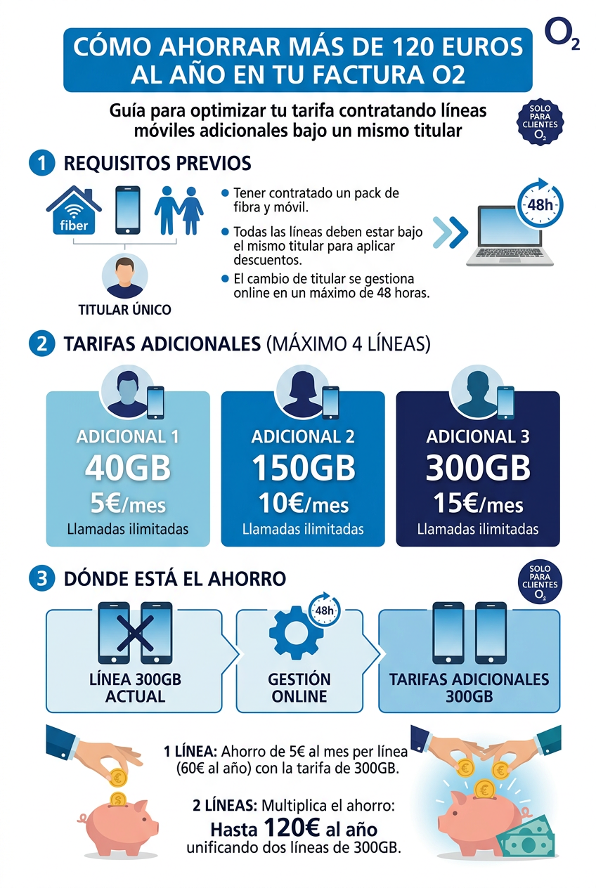 Infografía sobre cómo ahorrar en tu factura O2 contratando líneas móviles adicionales con un mismo titular, detallando tarifas de 40GB, 150GB y 300GB.
