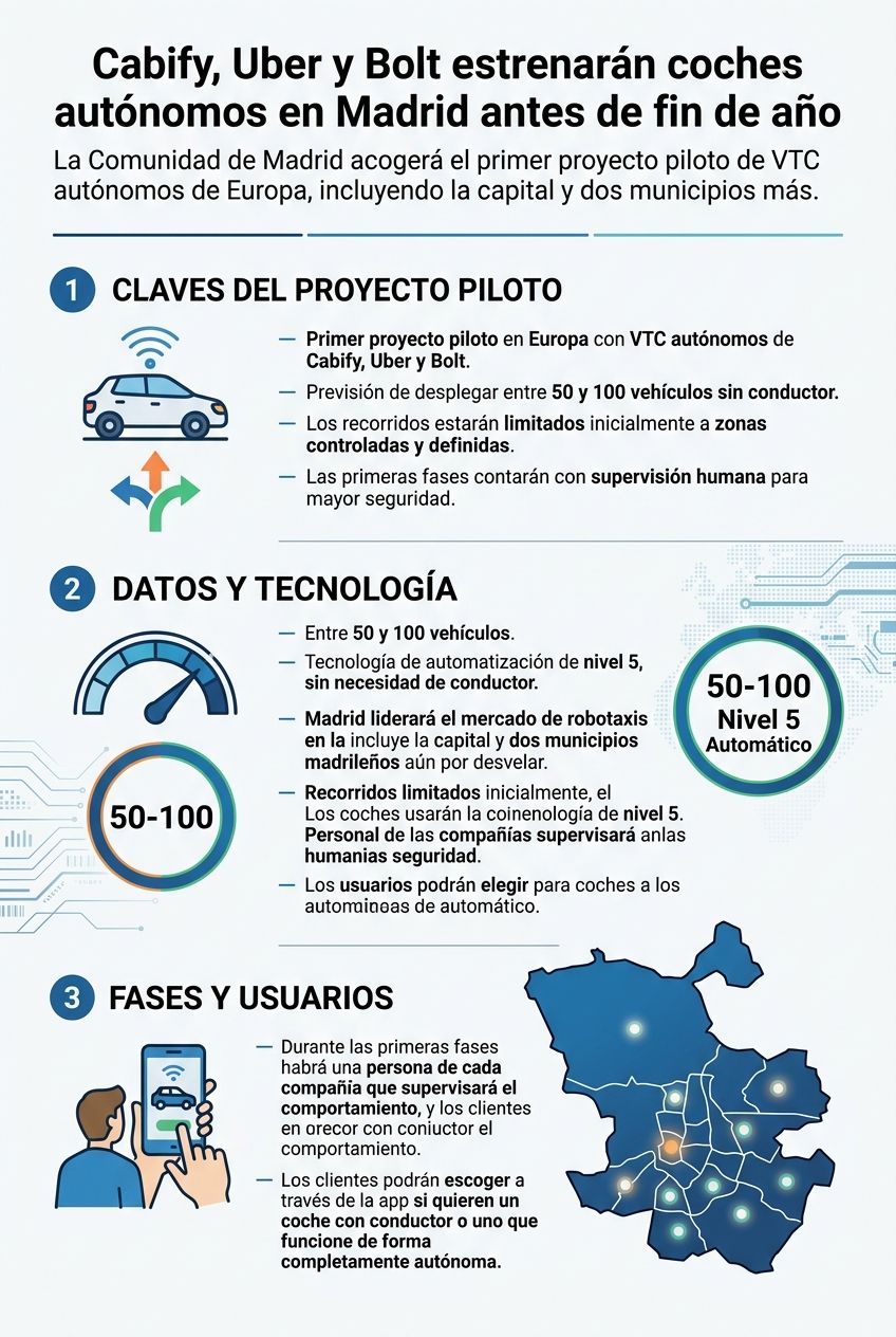 Infografía sobre el lanzamiento de vehículos autónomos de Cabify, Uber y Bolt en Madrid, detallando proyectos piloto, tecnología de nivel 5 y fases clave de implementación.