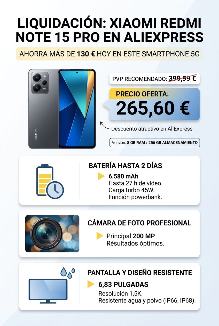 Una infografía muestra lo que ofrece Xiaomi para el Redmi Note 15 Pro, detallando la bajada de precio hasta los 265,60 €, una batería de 6.580 mAh, una cámara principal de 200 MP y una pantalla de 6,83 pulgadas.