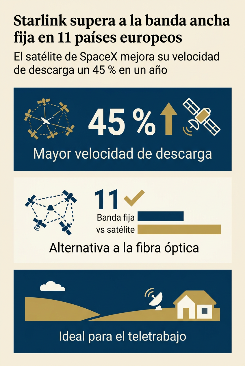 Una infografía sobre el desempeño de Starlink en Europa, destacando su aumento del 45% en las velocidades de descarga en 11 países y su superioridad sobre la banda ancha fija.