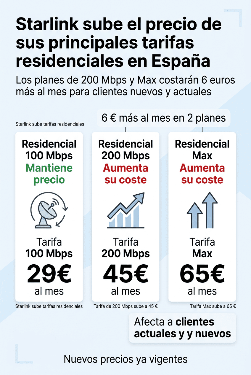 Infografía sobre la subida de precios de Starlink en España, detallando que el plan de 100 Mbps costará 29€, el plan de 200 Mbps costará 45€ y el plan Max costará 65€ al mes.