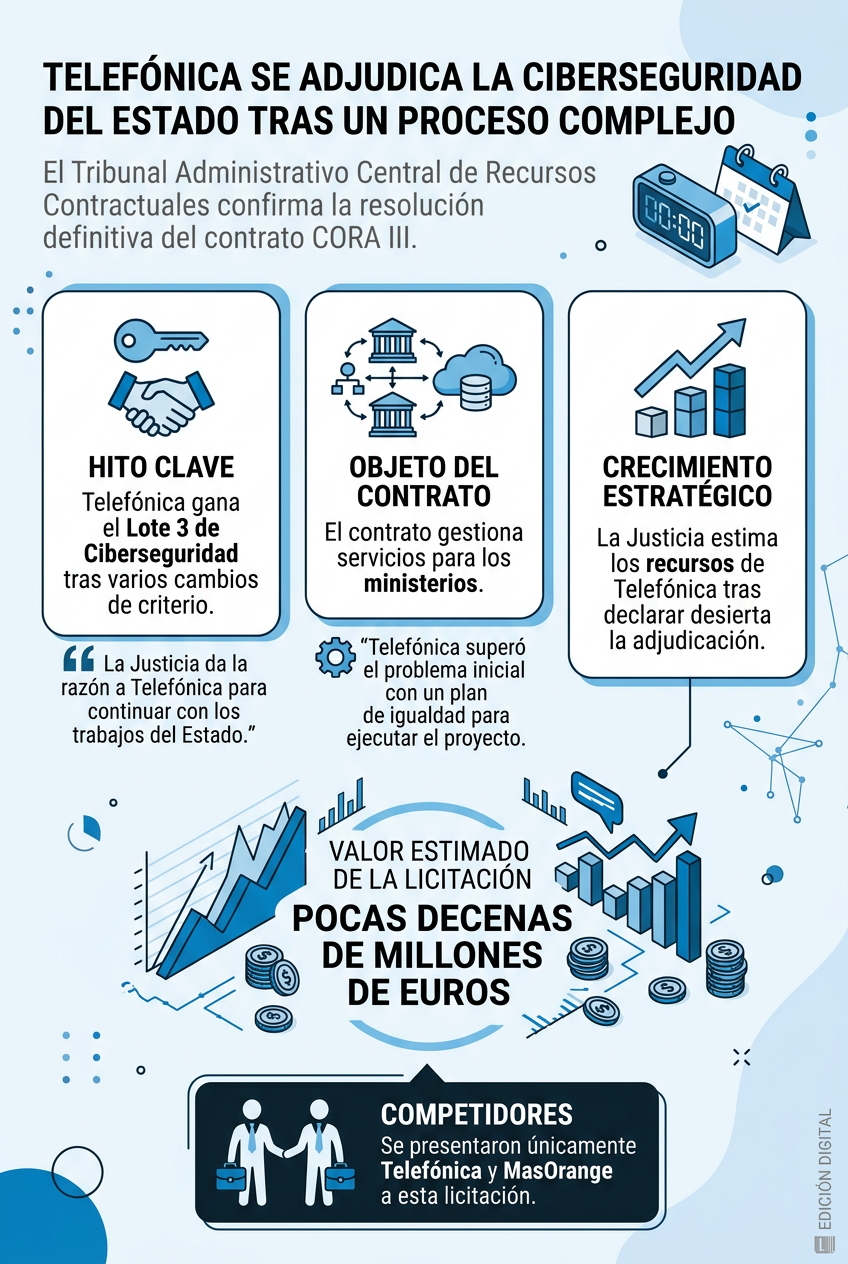 Infografía sobre la adjudicación del contrato nacional de ciberseguridad a Telefónica, detallando el tramo 3 del contrato CORA III, el valor estimado de la licitación y los competidores involucrados.