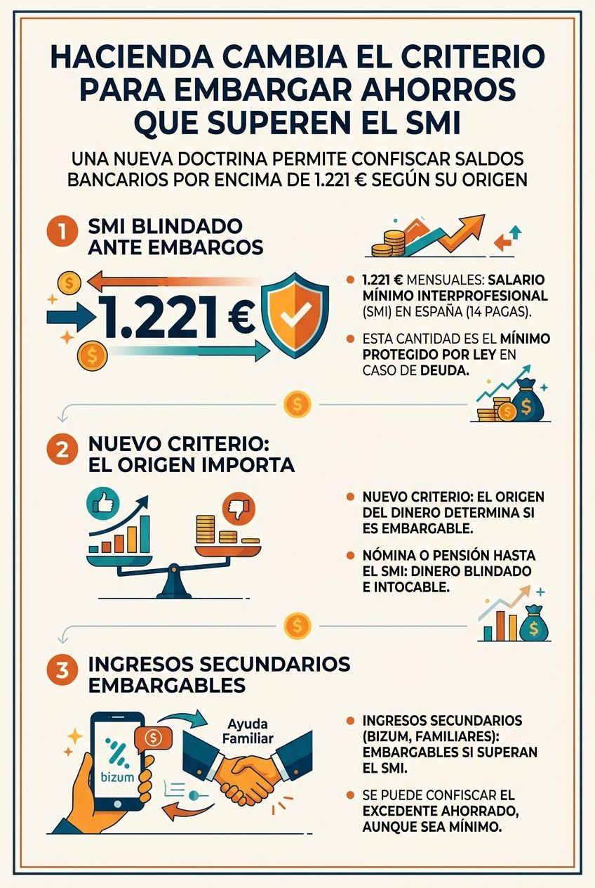 Infografía sobre los nuevos criterios del Tesoro para embargar depósitos bancarios superiores a 1.221€ SMI.