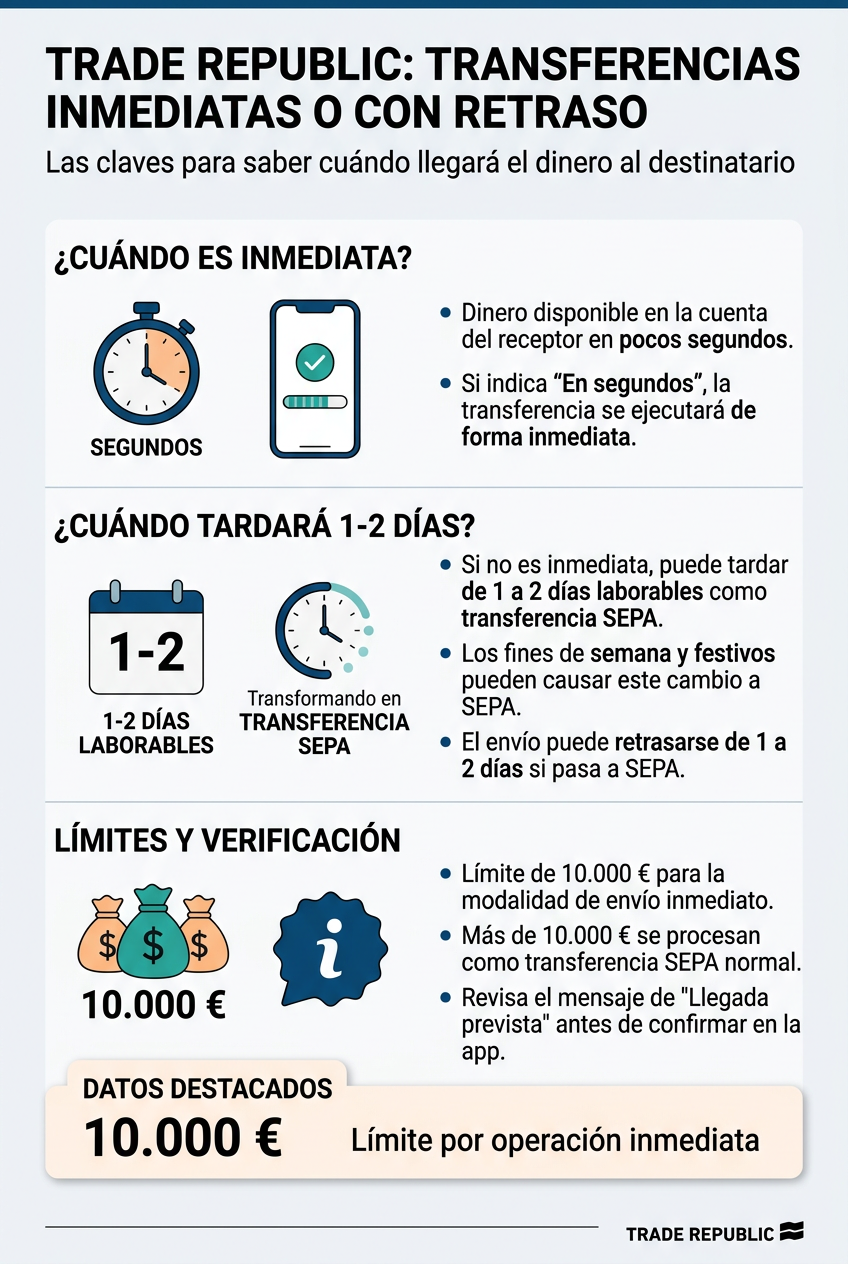 Infografía sobre los tiempos y límites de transferencia de Trade Republic, comparando el envío instantáneo con las transferencias SEPA estándar.