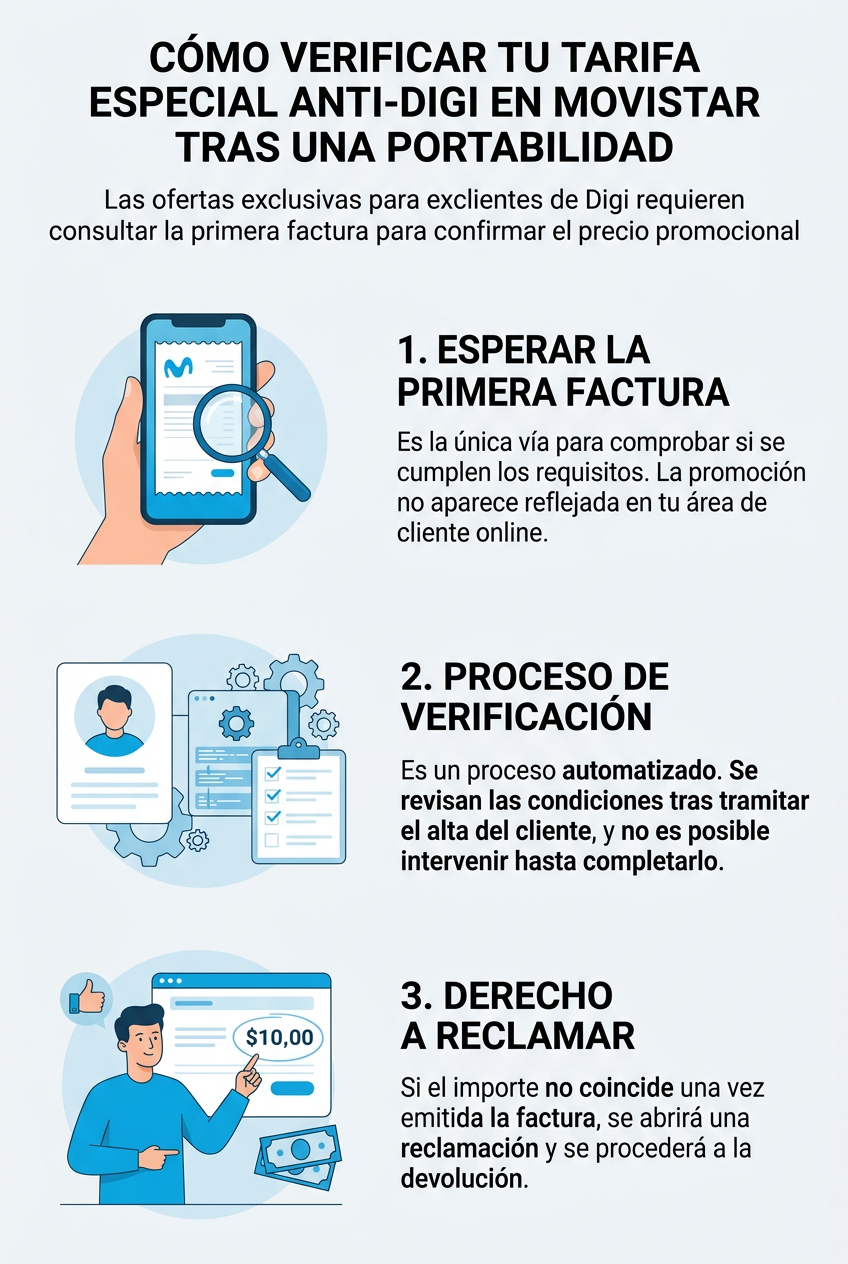 Infografía sobre cómo verificar las tarifas especiales de Movistar para antiguos clientes de Digi después del puerto, detallando los pasos para esperar a la primera factura, el proceso de verificación y los derechos a reclamar.