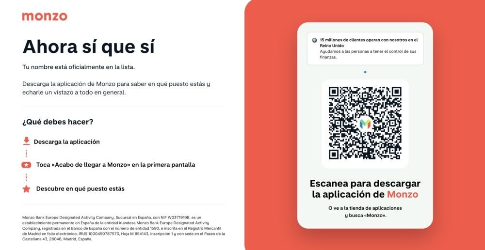 Pantalla de bienvenida de Monzo en español con código QR para descargar la aplicación móvil.