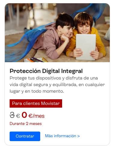 Anuncio de Movistar sobre protección digital total, dos niños usando una tablet en el suelo.