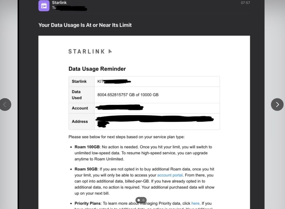Correo electrónico de Starlink notificándole los límites de uso de datos, con una tabla que muestra el consumo de GB.
