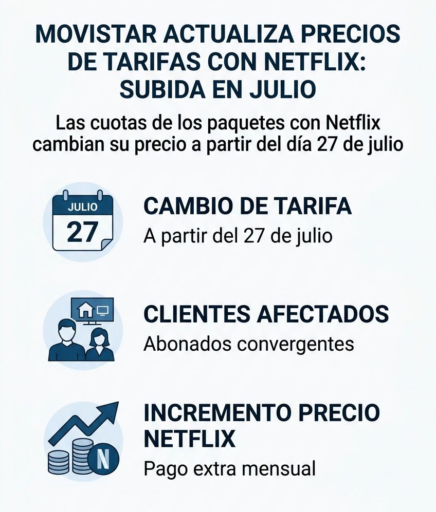 Infografía sobre la actualización de tarifas de Movistar y Netflix a 27 de julio, con detalle de cambios de tarifas, clientes afectados y subidas mensuales.