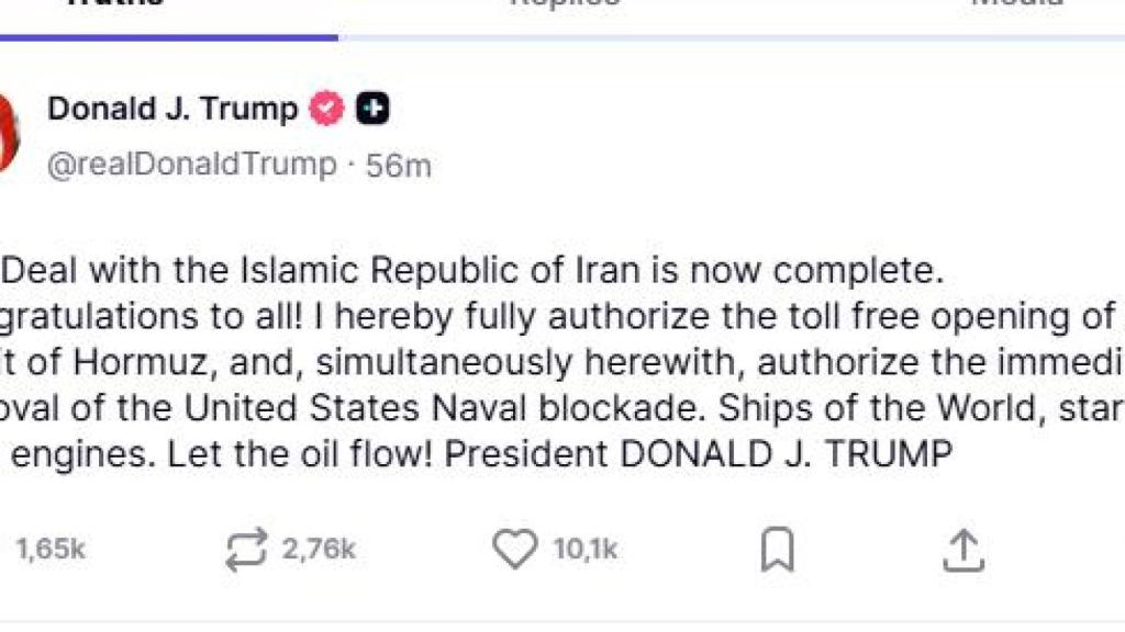 Mensaje de Trump confirmando el acuerdo de paz.