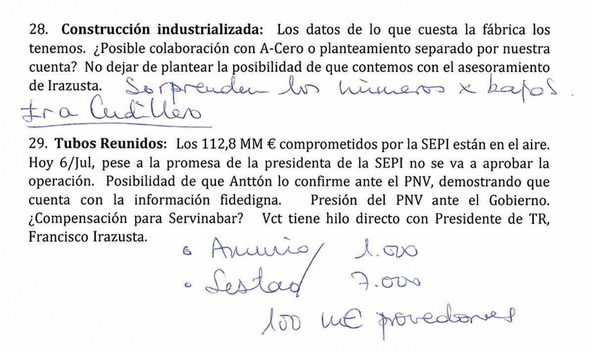 Parte del documento de la reunión en el que aparece escrito a mano "Ir a Cudillero".
