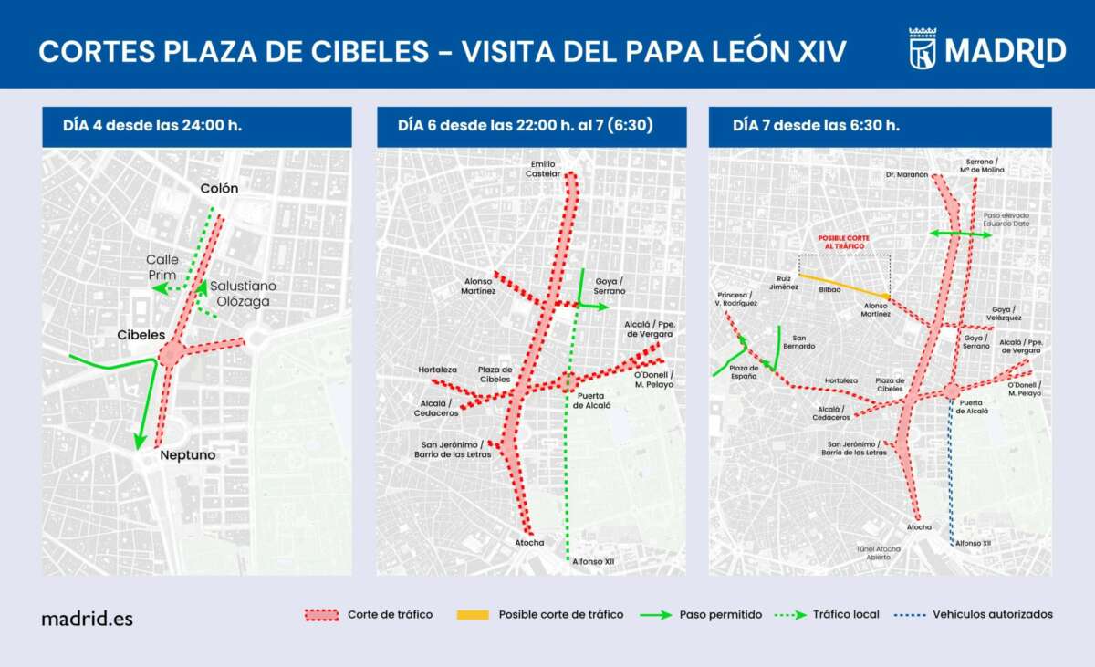 Cortes de tráfico con motivo de la visita del Papa León XIV a Madrid. Foto: @MADRID.