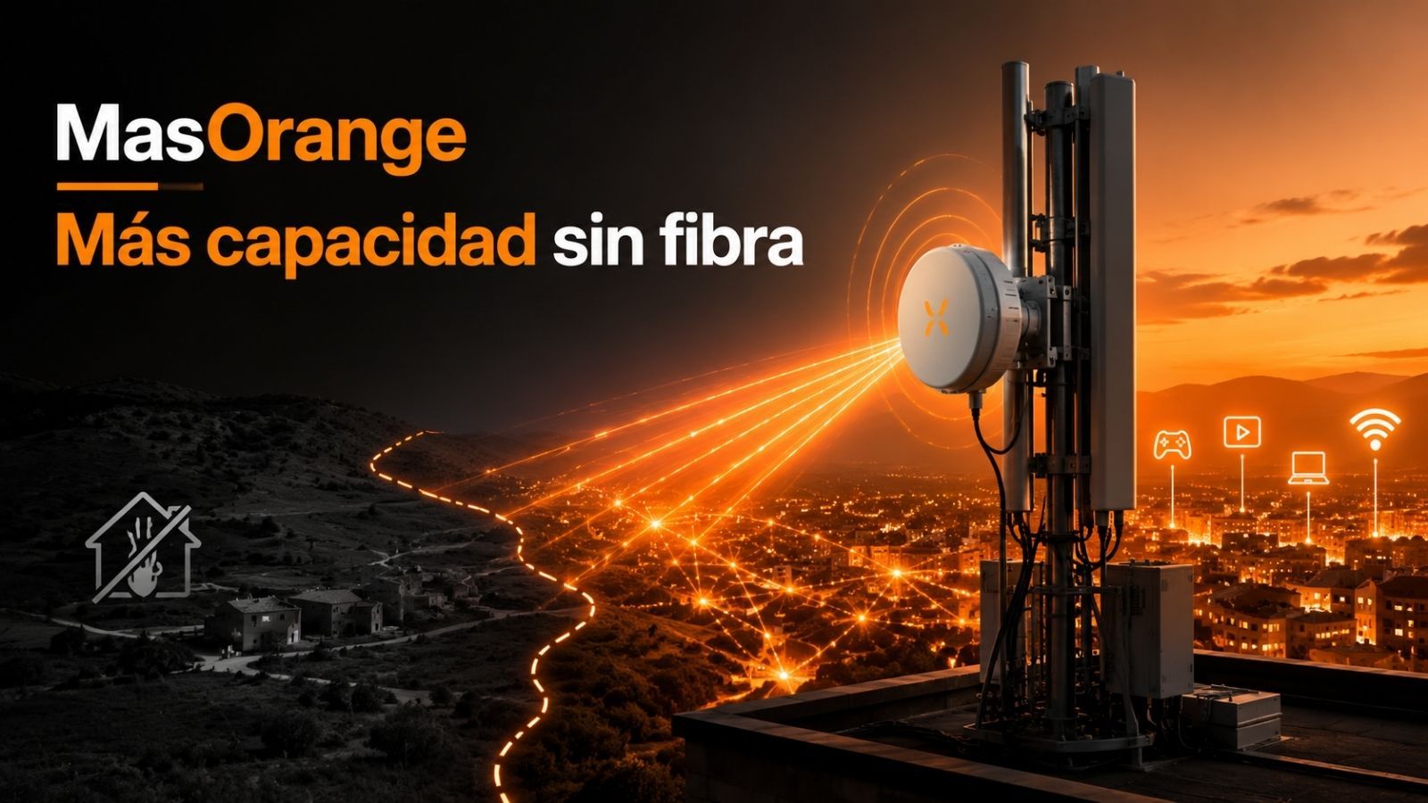 Al anochecer, la antena de radioenlace de MasOrange ilumina la ciudad.