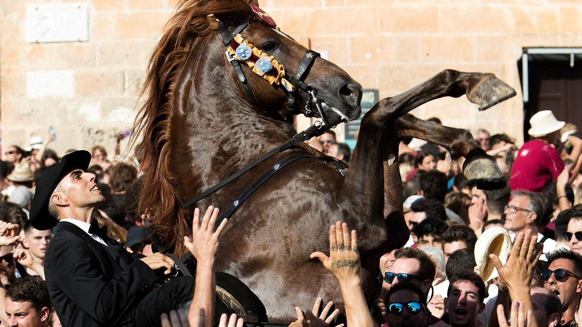 La gente se reúne delante de los caballos al ritmo de la música durante las tradicionales fiestas de Sant Joan en Ciutadella